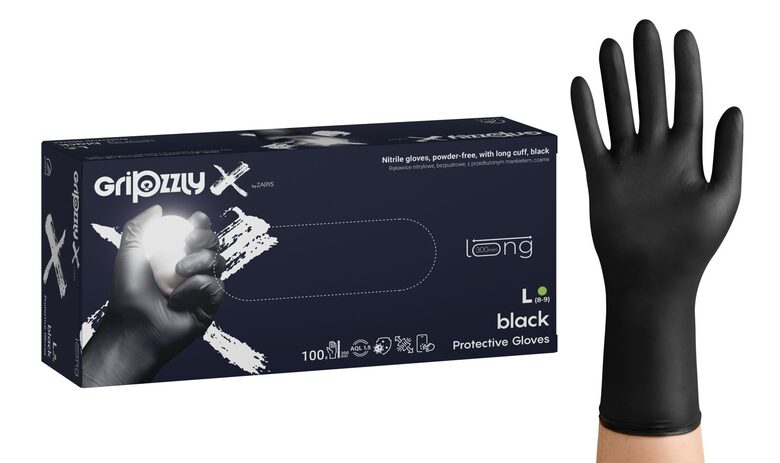 Gripzzly X Nitrile gloves, powder-free, extended cuff, black, 